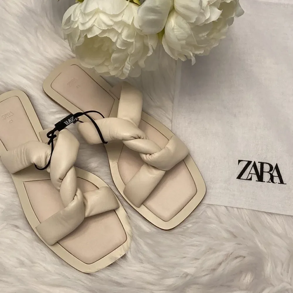 Zara Off White Crème Pink Flat Leather Sandals Shoes Size 8 - Picture 9 of 9